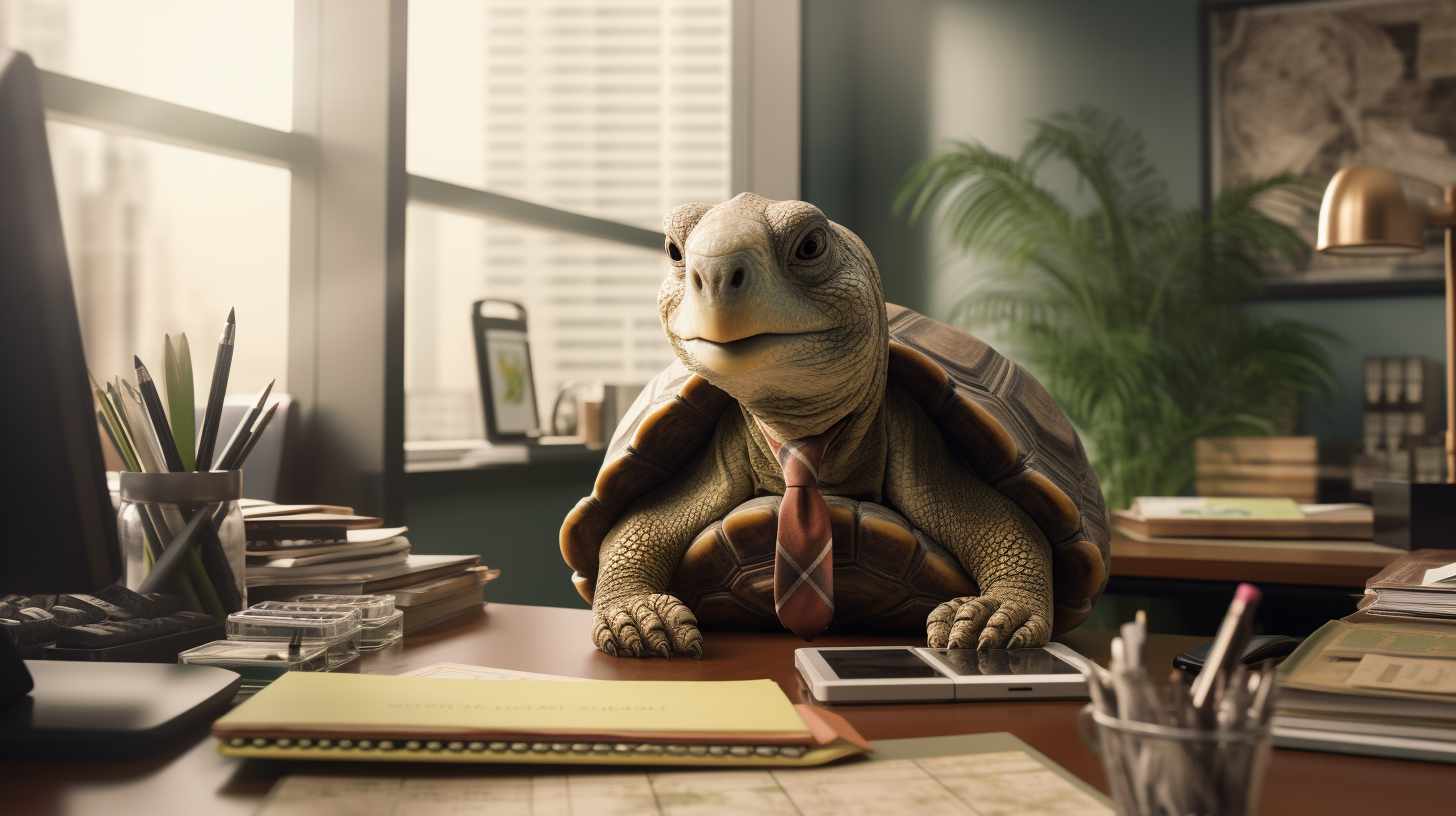 Eine Schildkröte an einem Schreibtisch mit einer Kravatte